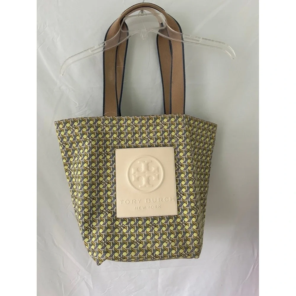 Tory Burch Ella Basketweave Tote Bag Yellow Blue Plaid Lining Canvas Leather Log